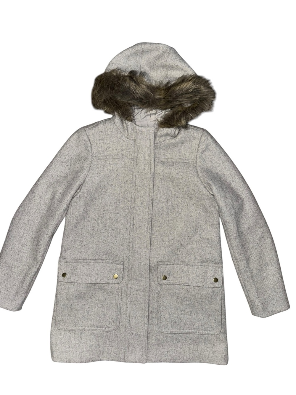 J.Crew Gray Wool Blend Hooded Coat Faux Fur Trim Zip Snap Pockets Women’s 6